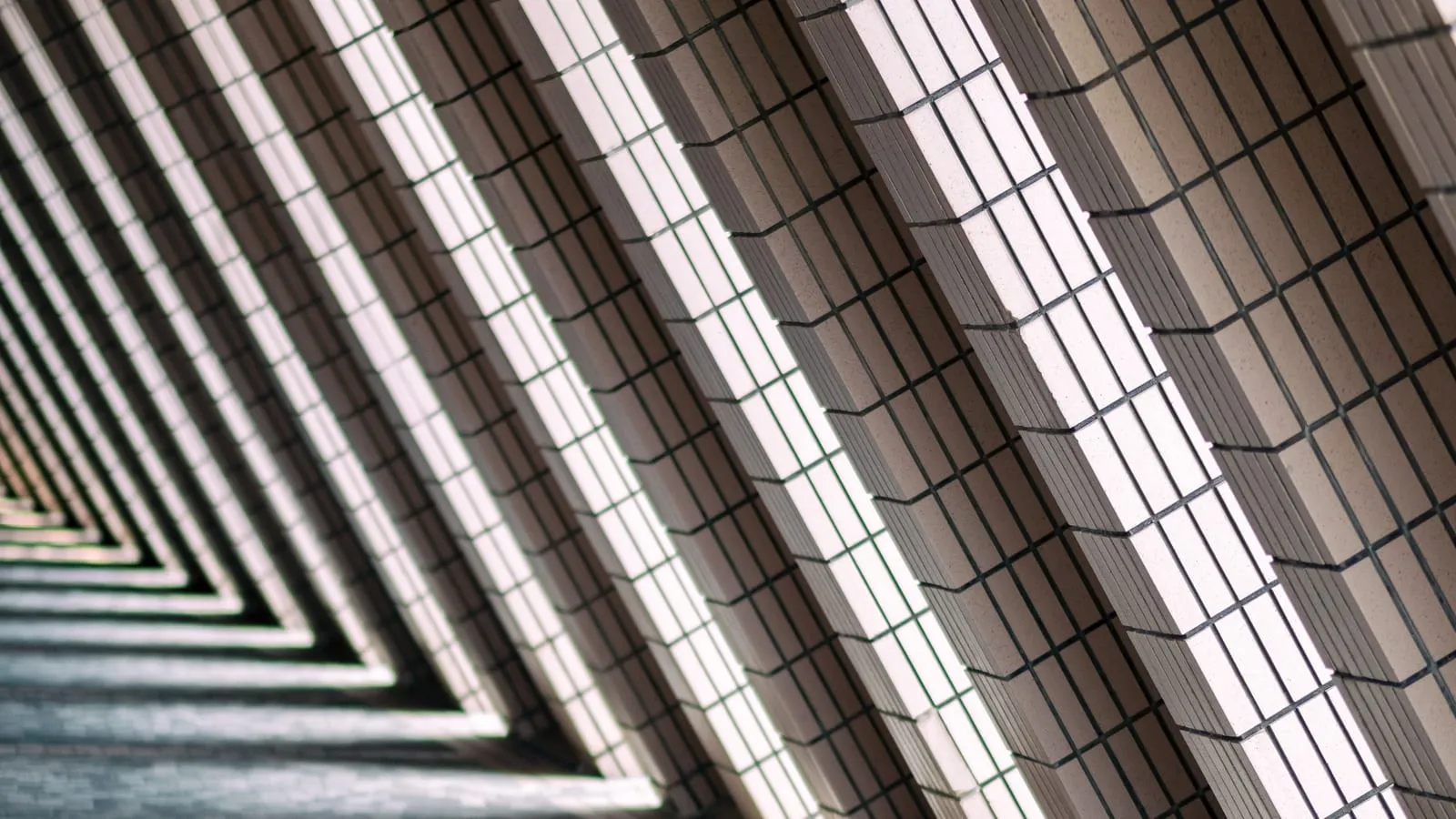 Light and shadow across a repeating concrete structure — the quiet architecture behind a credit file.