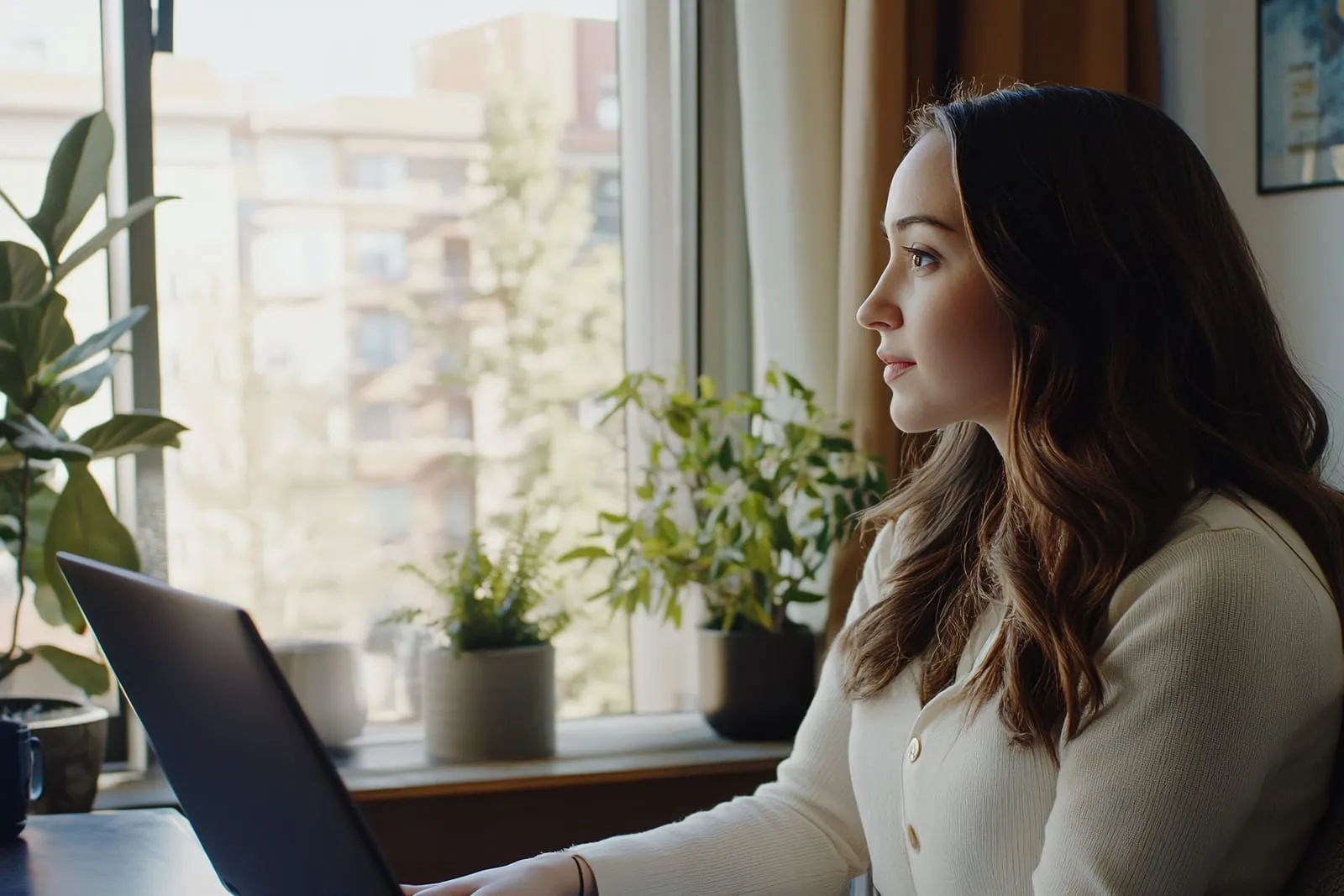 Person at home with a laptop, thoughtfully planning their next financial step.