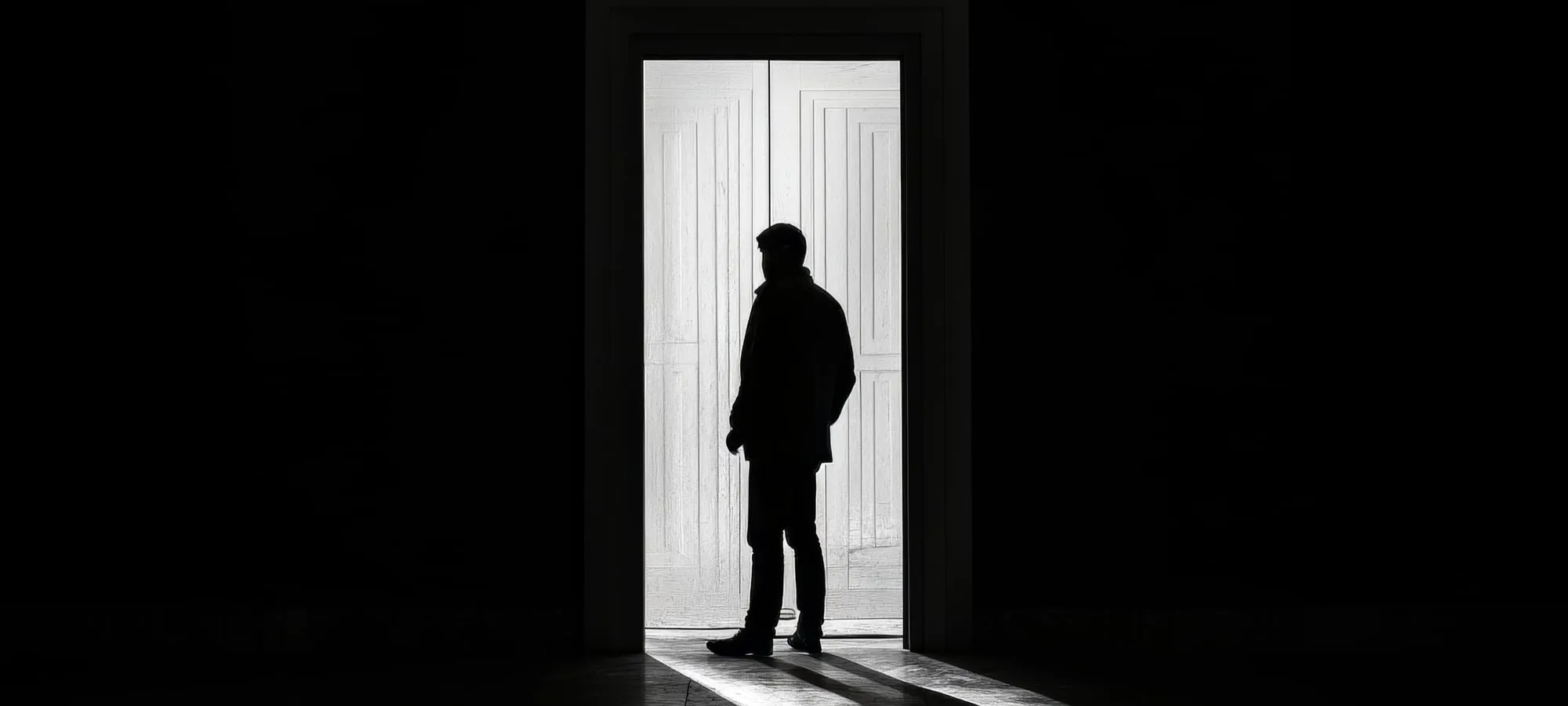 A lone figure facing a tall closed door, light spilling through from the other side.