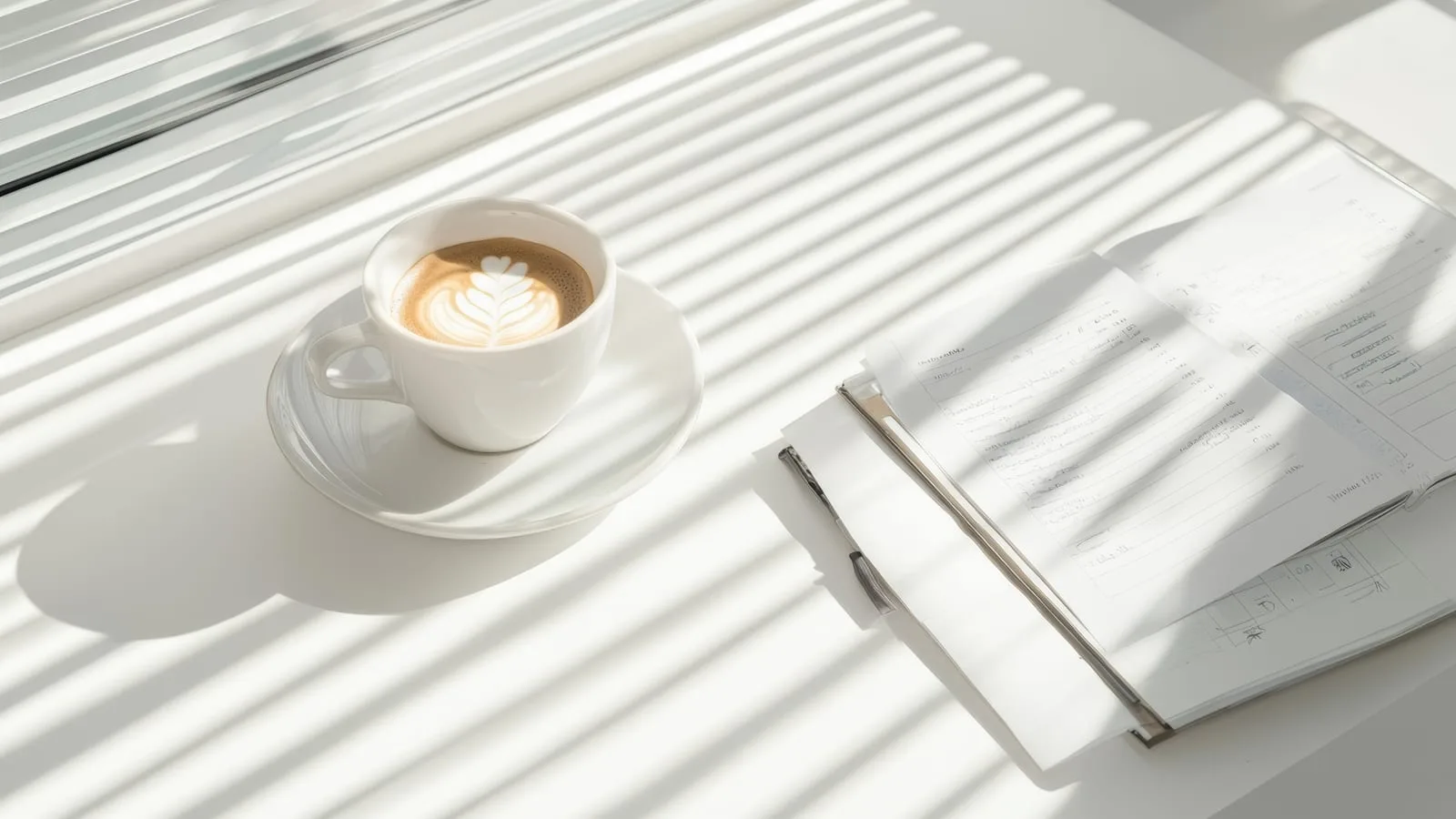 A sunlit desk with a planner and coffee, window-blind shadows falling across the page.