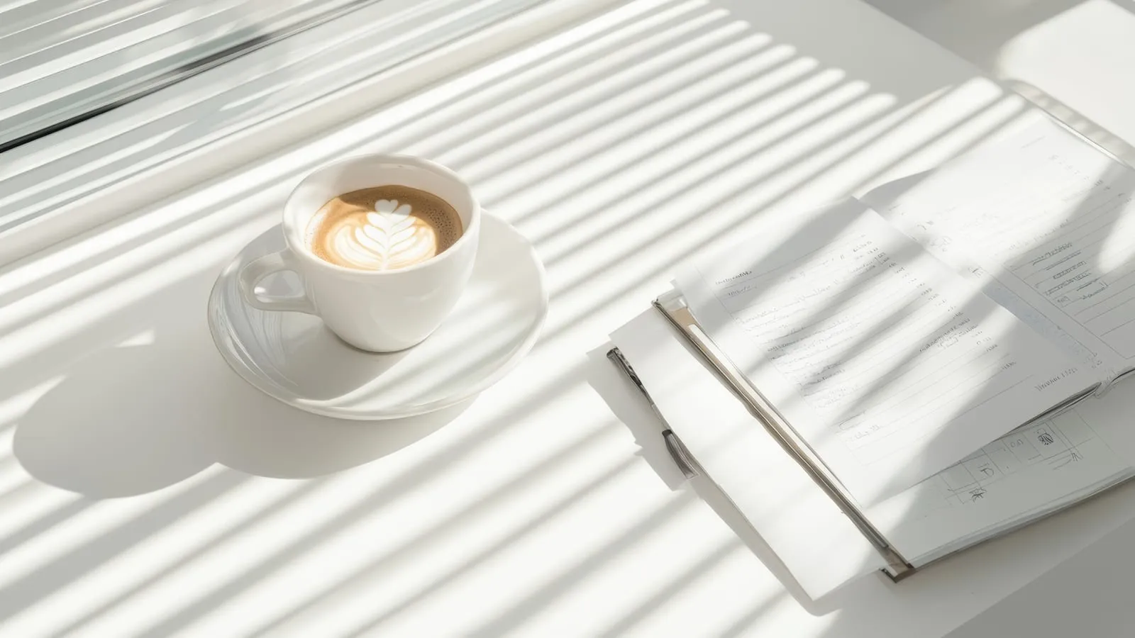 A sunlit desk with a planner and coffee, window-blind shadows falling across the page.
